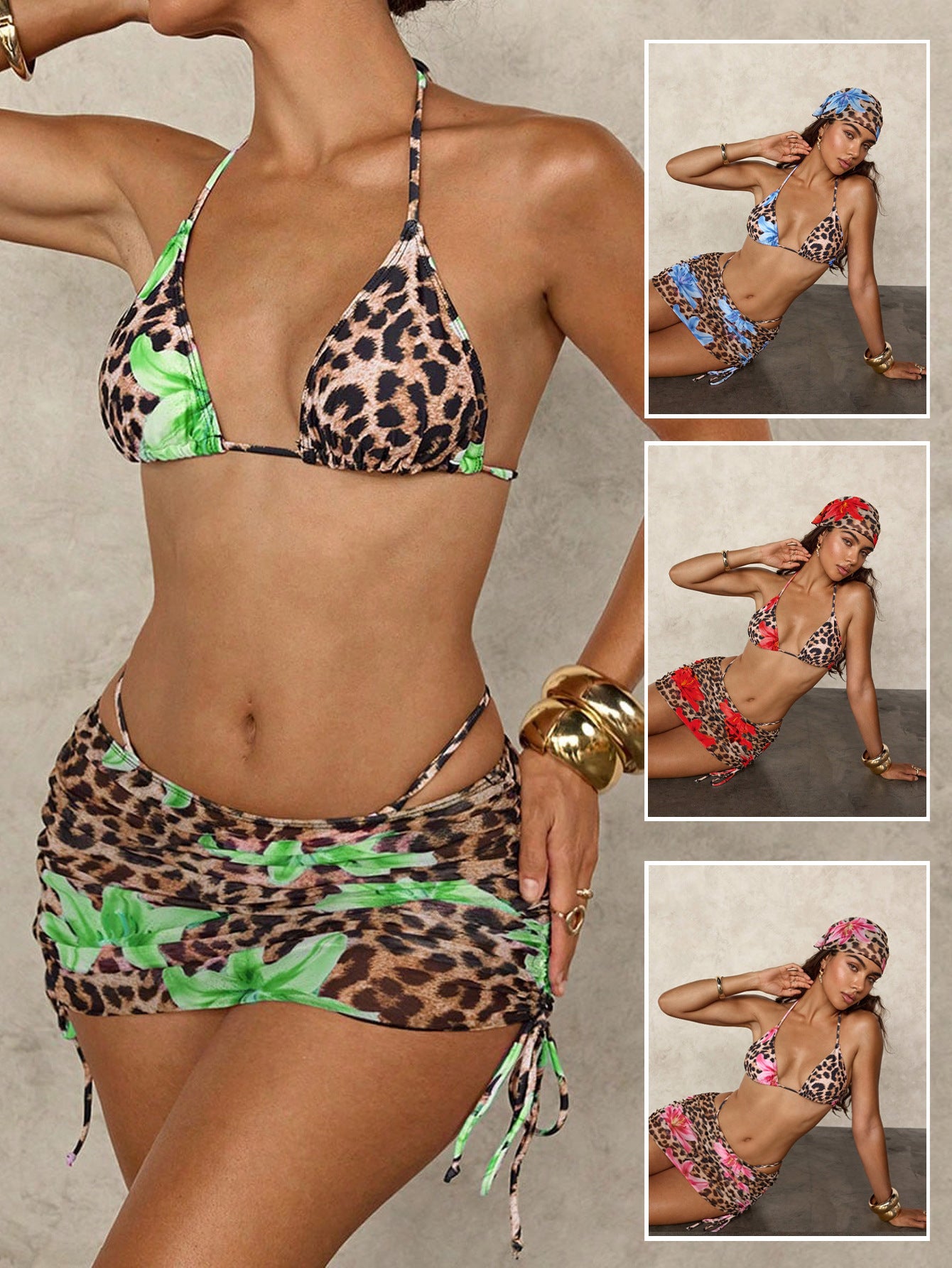 2025 New Cross-border Swimwear Leopard Print Contrast Triangle Cup Lace-up Sexy Bikini European And American Foreign Trade Swimwear