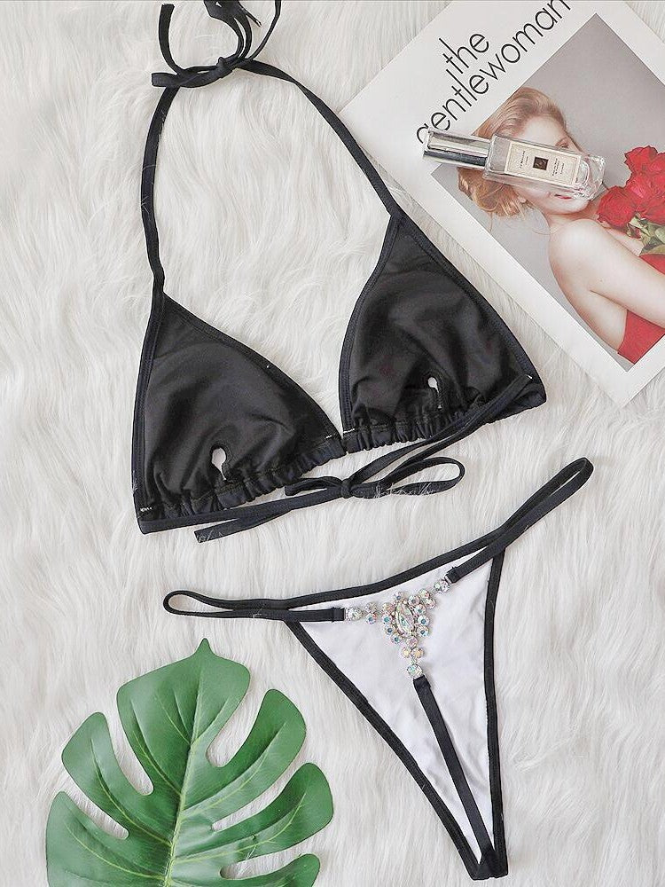 2024 New TIKTOK Foreign Trade European And American Swimwear Rhinestone Triangle Bag Thong Bikini Sexy Women's Swimsuit