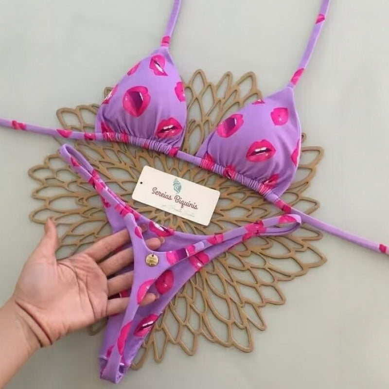 2024 European And American Multi-Color Printed Strap Split Swimsuit Brazilian Sexy Thong Bikini Bikini Cross-Border