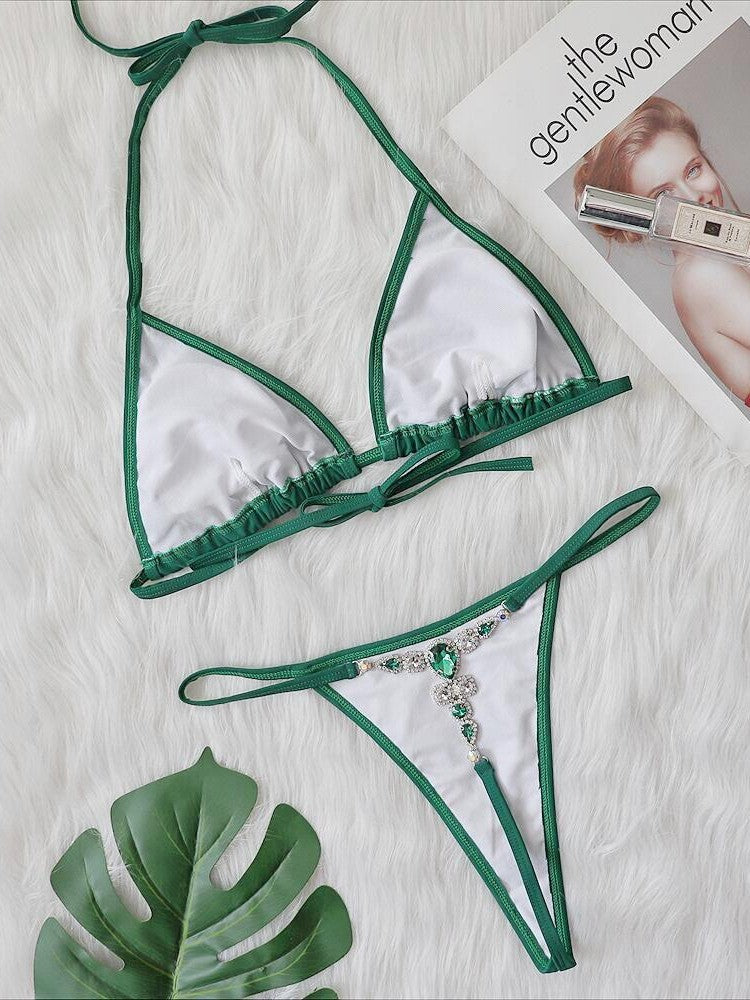 2024 New TIKTOK Foreign Trade European And American Swimwear Rhinestone Triangle Bag Thong Bikini Sexy Women's Swimsuit