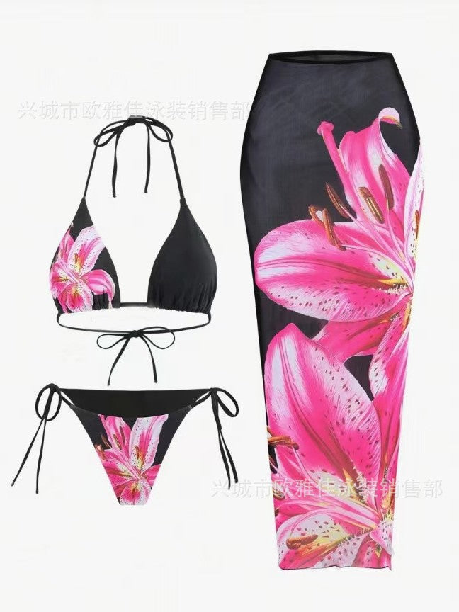 Foreign Trade European And American Women's Split Bikini With Blouse Floral Print Sexy Three-piece Swimsuit