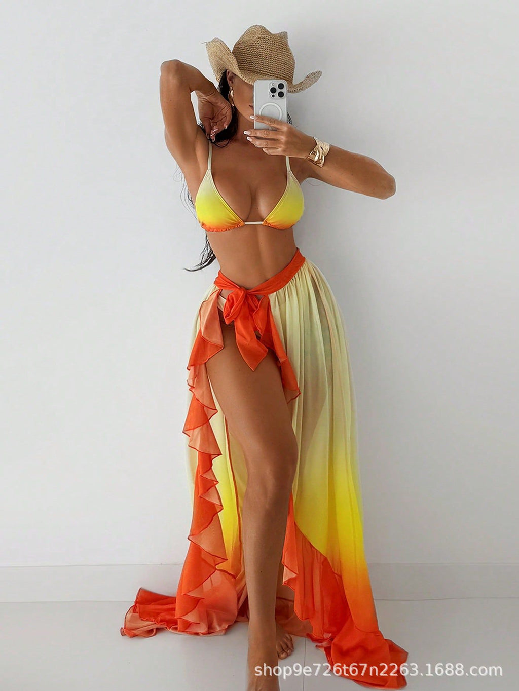 2025 New Middle Eastern Style Three-point Sexy Gradient Sunset Red Bikini Lace-up Swimsuit Ruffled