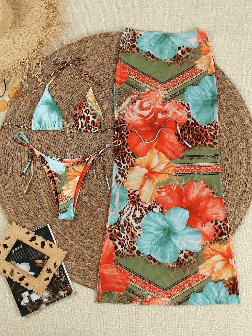 2025 European And American Foreign Trade Printed Triangle Cup Sexy Quick-dry Blouse Long Skirt Bikini Three-piece Factory Swimsuit Women