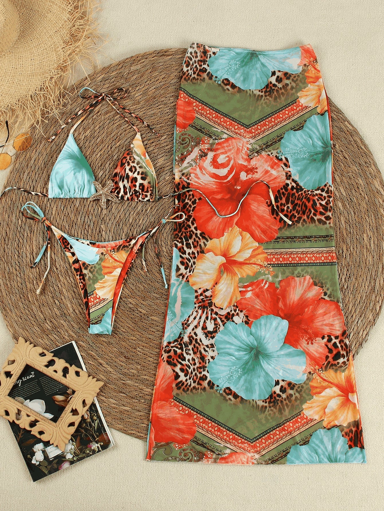 2025 European And American Foreign Trade Printed Triangle Cup Sexy Quick-dry Blouse Long Skirt Bikini Three-piece Factory Swimsuit Women