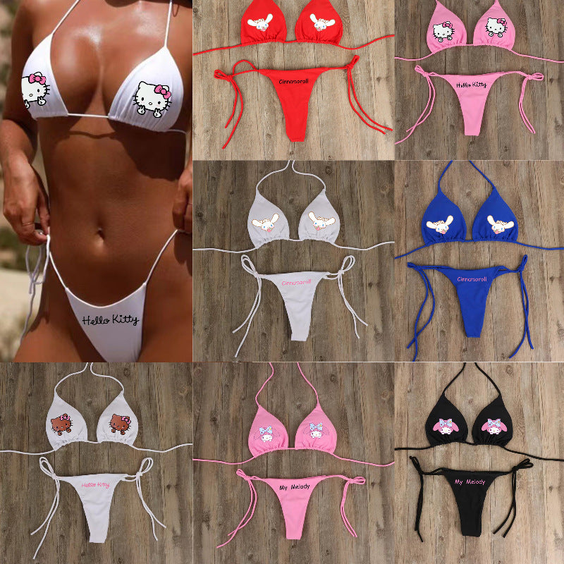 Cross-border European And American Sanrio Hanging Neck Strap Bikini Sexy Swimsuit Women's Strap Adjustable Multicolor Swimsuit