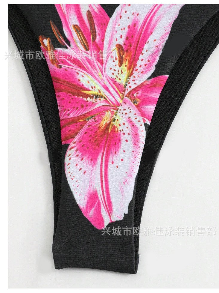 Foreign Trade European And American Women's Split Bikini With Blouse Floral Print Sexy Three-piece Swimsuit