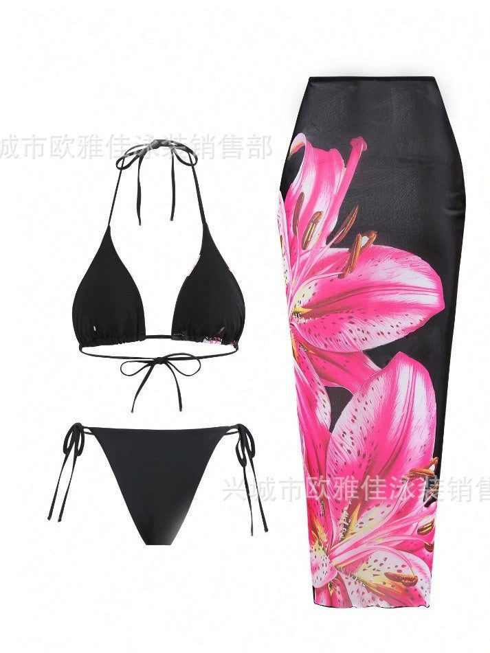 Foreign Trade European And American Women's Split Bikini With Blouse Floral Print Sexy Three-piece Swimsuit