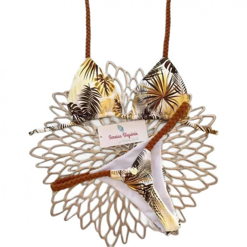 2024 European And American Multi-Color Printed Strap Split Swimsuit Brazilian Sexy Thong Bikini Bikini Cross-Border